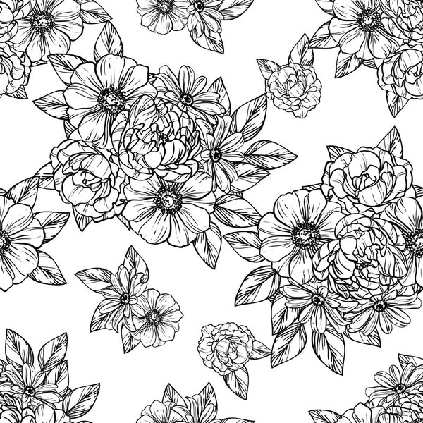 Patrón Flores Estilo Vintage Sin Costuras Elementos Florales Contorno — Vector de stock