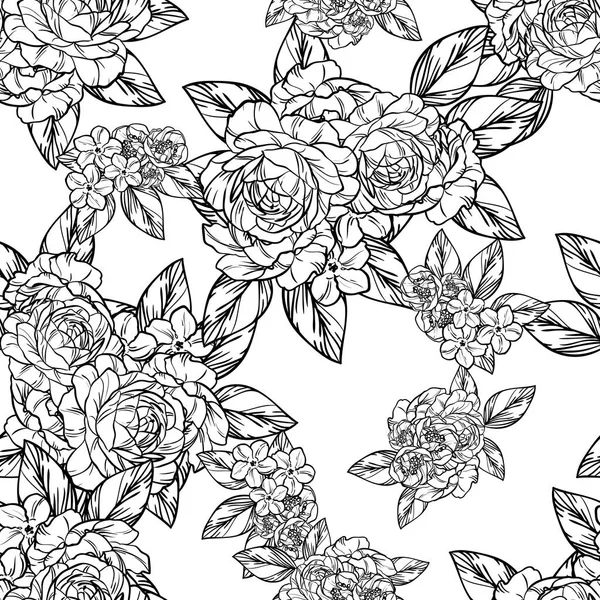 Seamless Vintage Style Flower Pattern Floral Elements Contour — Stock Vector