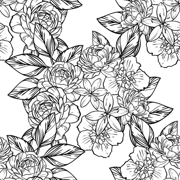 Seamless Vintage Style Flower Pattern Floral Elements Contour — Stock Vector