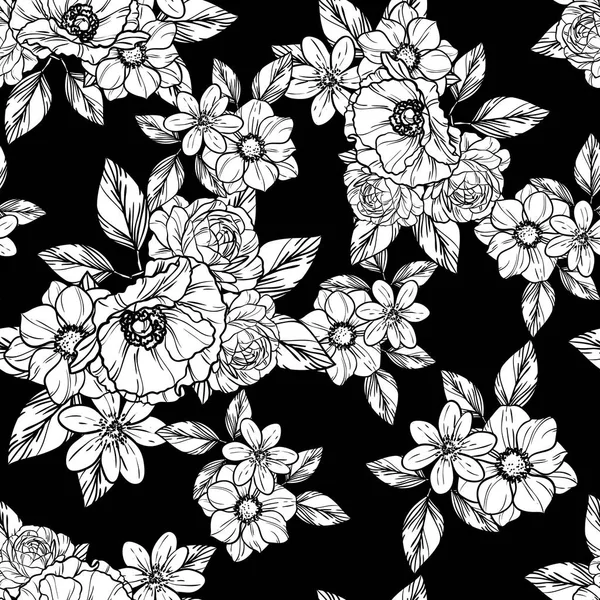 Naadloze Vintage Stijl Bloemenpatroon Floral Elementen Contour — Stockvector