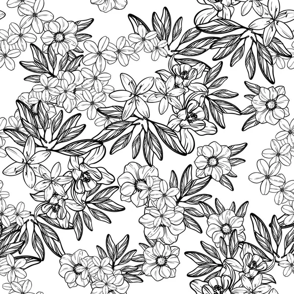 Naadloze Vintage Stijl Bloemenpatroon Floral Elementen Contour — Stockvector