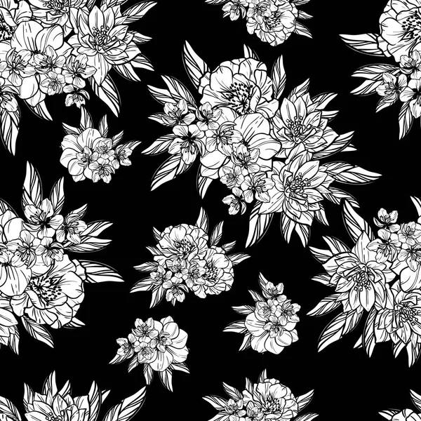 Naadloze Vintage Stijl Bloemenpatroon Floral Elementen Contour — Stockvector