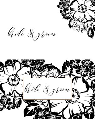 Klasik çiçek düğün kartları seti. Çiçek elementleri ve çerçeveleri.