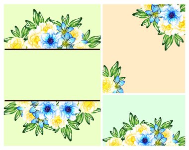 Klasik çiçek düğün kartları seti. Çiçek renginde elementler