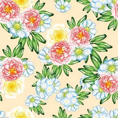 Sorunsuz vintage tarzı çiçek deseni. Renkli çiçek öğeleri