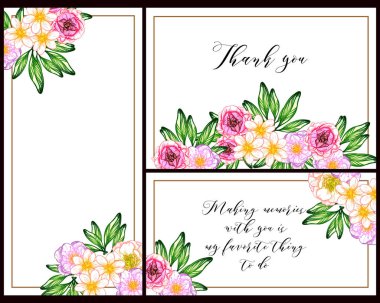 Klasik çiçek düğün kartları seti. Çiçek renginde elementler