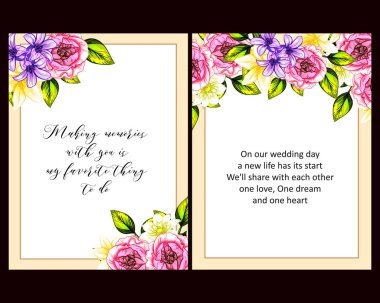 Klasik çiçek düğün kartları seti. Çiçek renginde elementler
