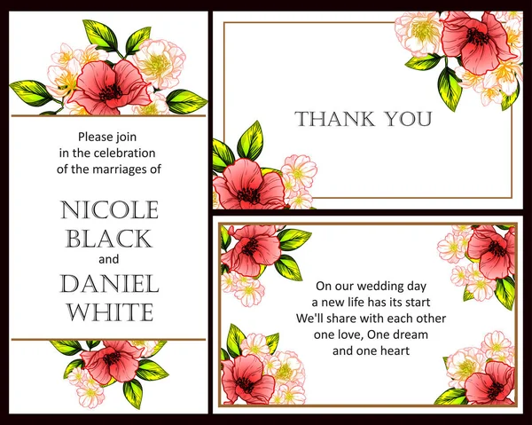 Conjunto Tarjetas Boda Flores Estilo Vintage Elementos Florales Color — Vector de stock