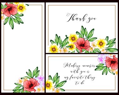 Klasik çiçek düğün kartları seti. Çiçek renginde elementler