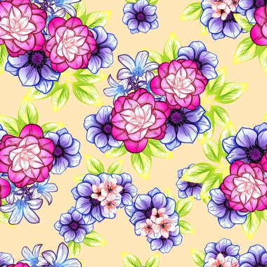 Sorunsuz vintage tarzı çiçek deseni. Renkli çiçek öğeleri