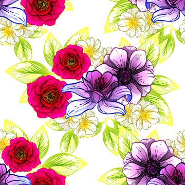 Sorunsuz vintage tarzı çiçek deseni. Renkli çiçek öğeleri