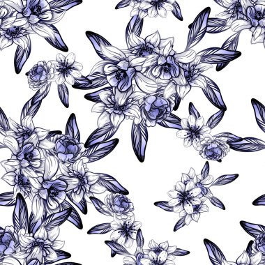 Sorunsuz vintage tarzı çiçek deseni. Kontur çiçek öğeleri