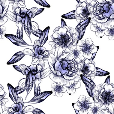 Sorunsuz vintage tarzı çiçek deseni. Kontur çiçek öğeleri