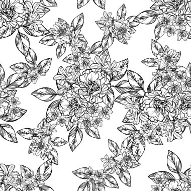 Sorunsuz vintage tarzı çiçek deseni. Kontur çiçek öğeleri