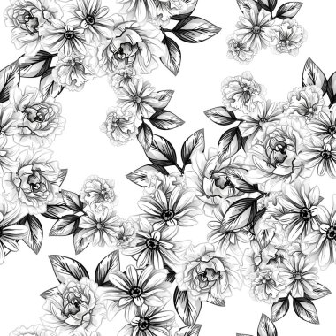 Sorunsuz vintage tarzı çiçek deseni. Kontur çiçek öğeleri