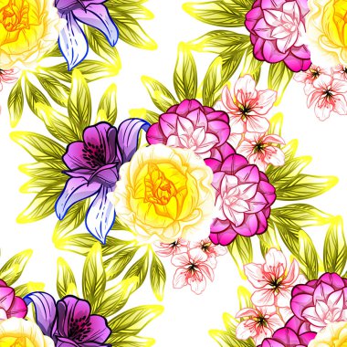 Sorunsuz vintage tarzı çiçek deseni. Renkli çiçek öğeleri