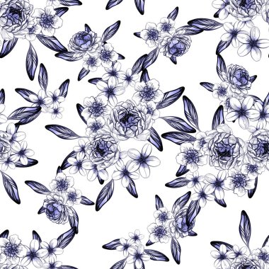 Sorunsuz vintage tarzı çiçek deseni. Kontur çiçek öğeleri