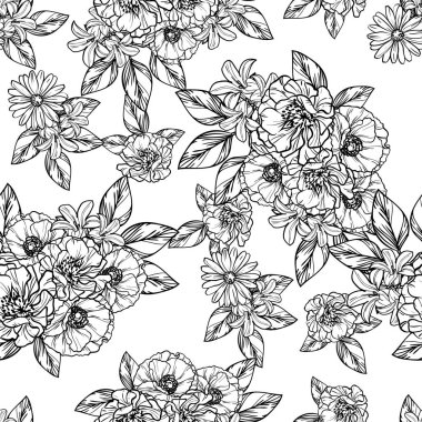 Sorunsuz vintage tarzı çiçek deseni. Kontur çiçek öğeleri