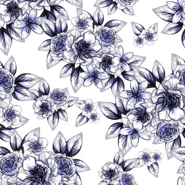 Sorunsuz vintage tarzı çiçek deseni. Kontur çiçek öğeleri