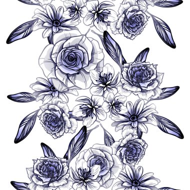 Sorunsuz vintage tarzı çiçek deseni. Kontur çiçek öğeleri