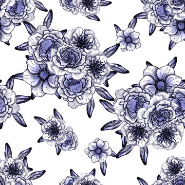 Sorunsuz vintage tarzı çiçek deseni. Kontur çiçek öğeleri