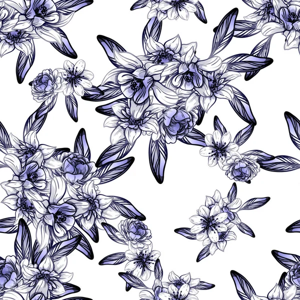 Sorunsuz vintage tarzı çiçek deseni. Kontur çiçek öğeleri