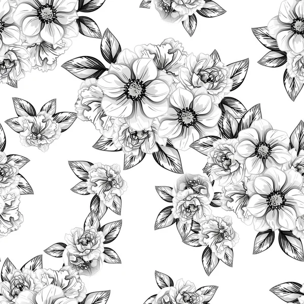 Seamless Vintage Style Flower Pattern Floral Elements Contour — Stock Vector