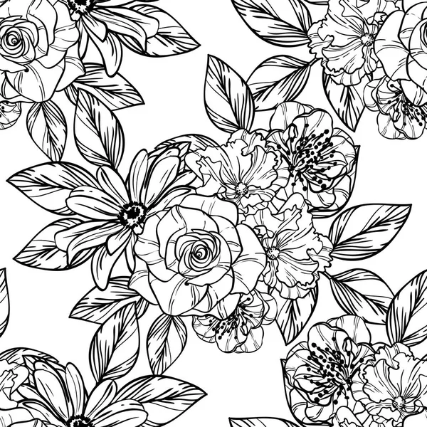 Seamless Vintage Style Flower Pattern Floral Elements Contour — Stock Vector