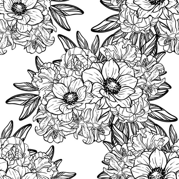 Seamless Vintage Style Flower Pattern Floral Elements Contour — Stock Vector