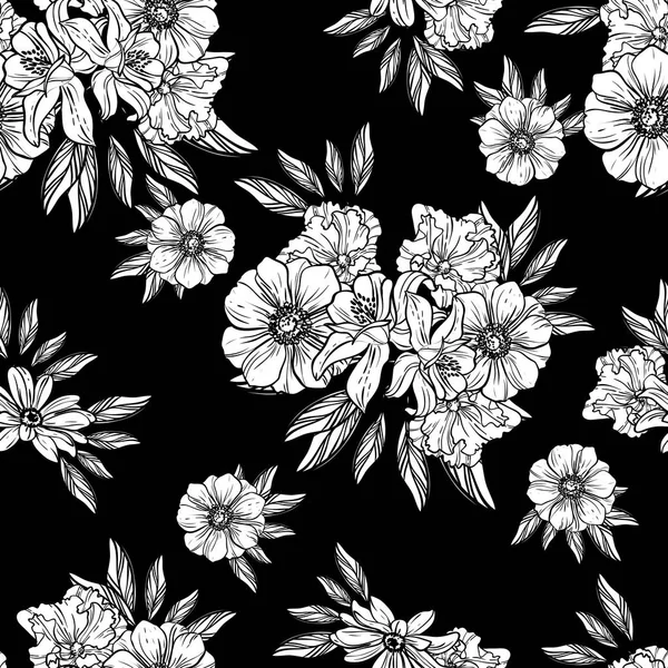 Naadloze Vintage Stijl Bloemenpatroon Floral Elementen Contour — Stockvector