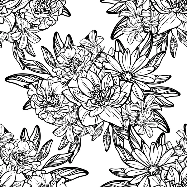 Naadloze Vintage Stijl Bloemenpatroon Floral Elementen Contour — Stockvector