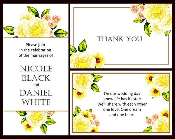 Conjunto Tarjetas Boda Flores Estilo Vintage Elementos Florales Color — Vector de stock