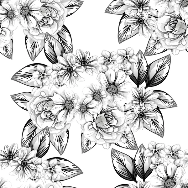 Naadloze Vintage Stijl Bloemenpatroon Floral Elementen Contour — Stockvector