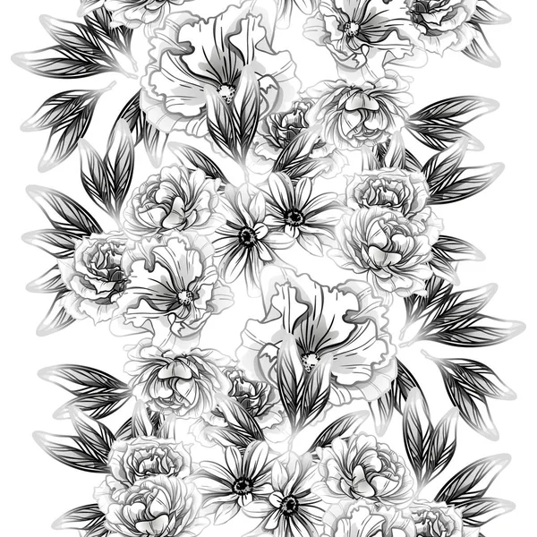 Seamless Vintage Style Flower Pattern Floral Elements Contour — Stock Vector