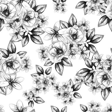 Sorunsuz vintage tarzı çiçek deseni. Kontur çiçek öğeleri