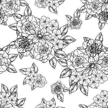 Sorunsuz vintage tarzı çiçek deseni. Kontur çiçek öğeleri