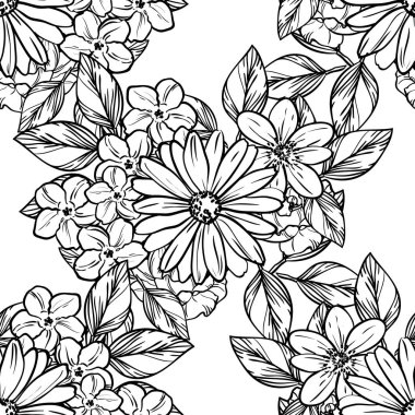 Sorunsuz vintage tarzı çiçek deseni. Kontur çiçek öğeleri