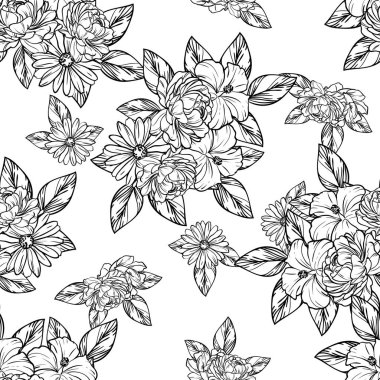 Sorunsuz vintage tarzı çiçek deseni. Kontur çiçek öğeleri