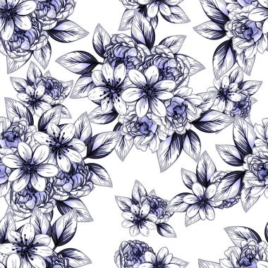 Sorunsuz vintage tarzı çiçek deseni. Kontur çiçek öğeleri