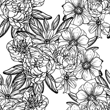 Sorunsuz vintage tarzı çiçek deseni. Kontur çiçek öğeleri
