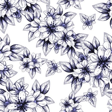 Sorunsuz vintage tarzı çiçek deseni. Kontur çiçek öğeleri