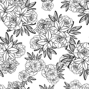 Sorunsuz vintage tarzı çiçek deseni. Kontur çiçek öğeleri