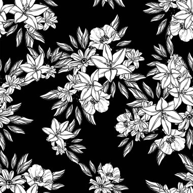 Sorunsuz vintage tarzı çiçek deseni. Kontur çiçek öğeleri