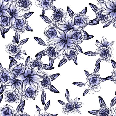 Sorunsuz vintage tarzı çiçek deseni. Kontur çiçek öğeleri