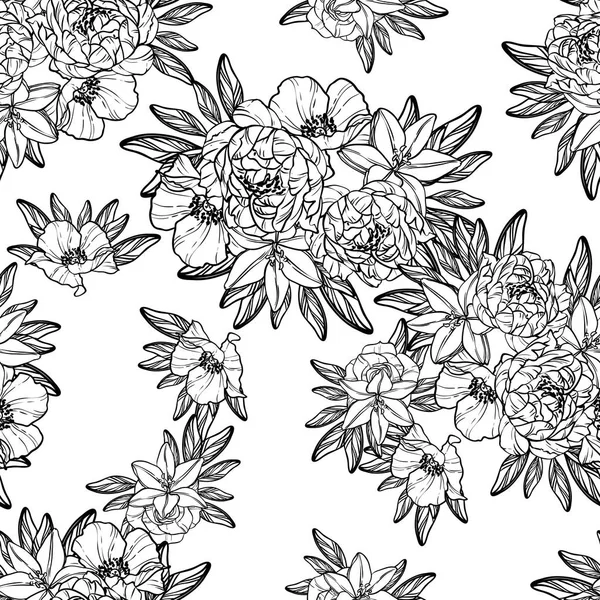 Modèle Fleur Style Vintage Sans Couture Éléments Floraux Dans Contour — Image vectorielle