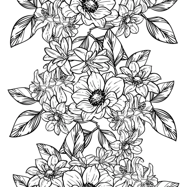 Patrón Flores Estilo Vintage Sin Costuras Elementos Florales Contorno — Vector de stock