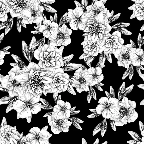 Naadloze Vintage Stijl Bloemenpatroon Floral Elementen Contour — Stockvector