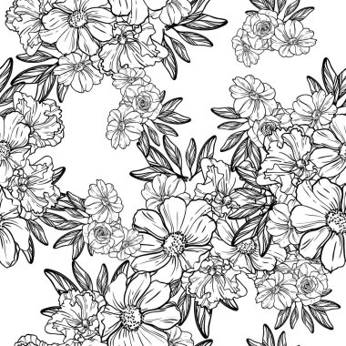 Sorunsuz vintage tarzı çiçek deseni. Kontur çiçek öğeleri