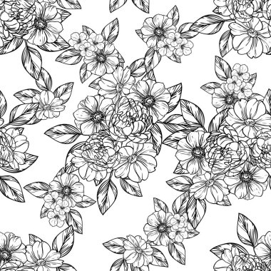 Sorunsuz vintage tarzı çiçek deseni. Kontur çiçek öğeleri