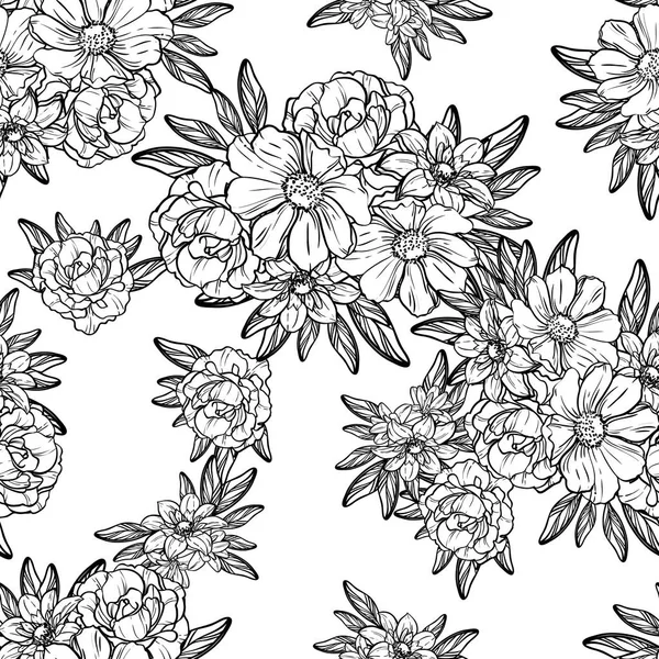 Naadloze Vintage Stijl Bloemenpatroon Floral Elementen Contour — Stockvector